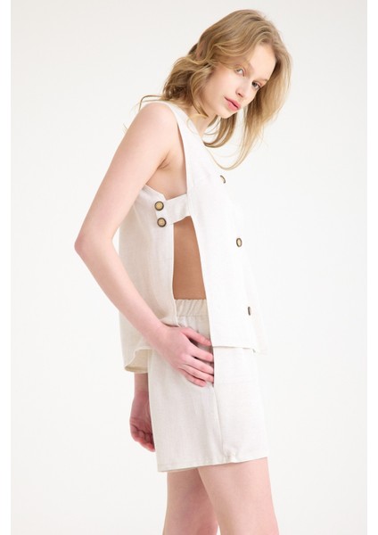 Keten Yazlık Dekolteli Kolsuz Bluz Şort Ikili Takım