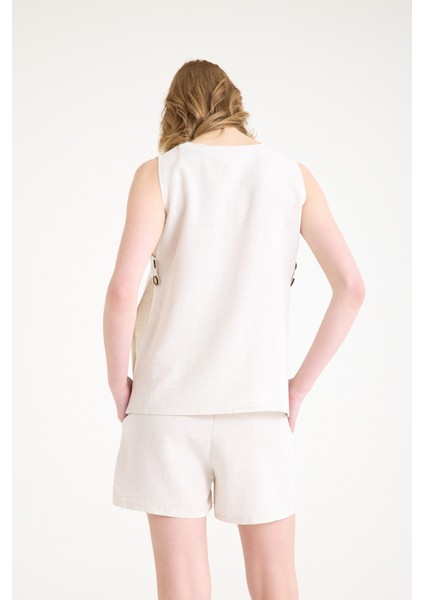 Keten Yazlık Dekolteli Kolsuz Bluz Şort Ikili Takım