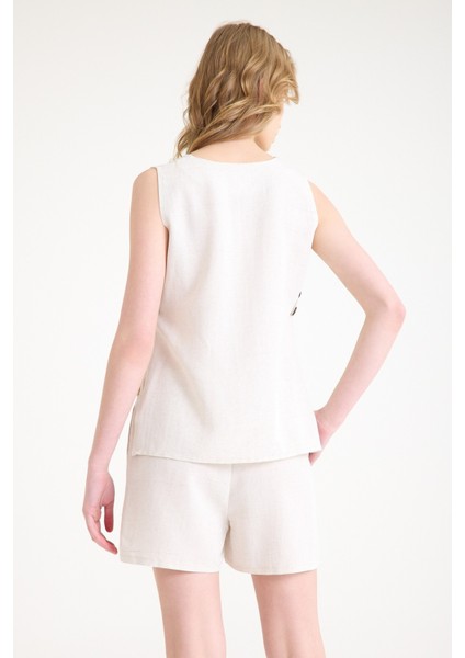 Keten Yazlık Dekolteli Kolsuz Bluz Şort Ikili Takım