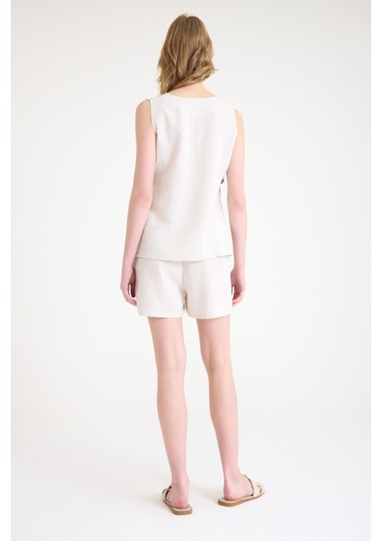 Keten Yazlık Dekolteli Kolsuz Bluz Şort Ikili Takım