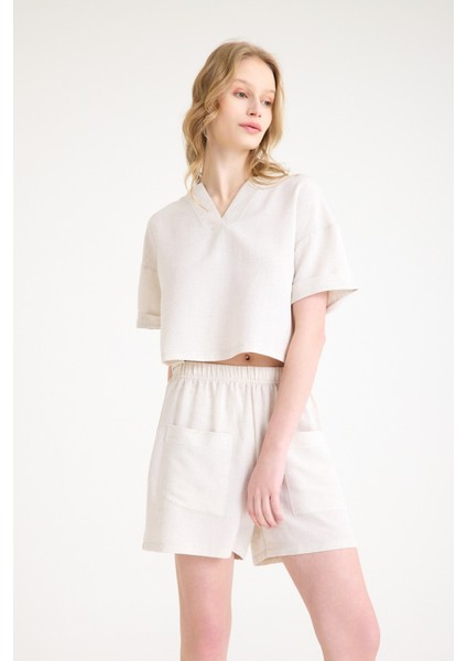 Yaka Detaylı Şortlu Ikili Takım