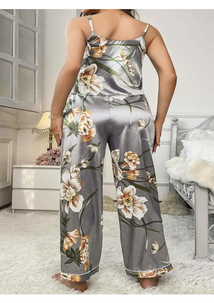 Litae Büyük Beden Çiçek Desenli Ince Askılı Gri 2li Takım fiyatları