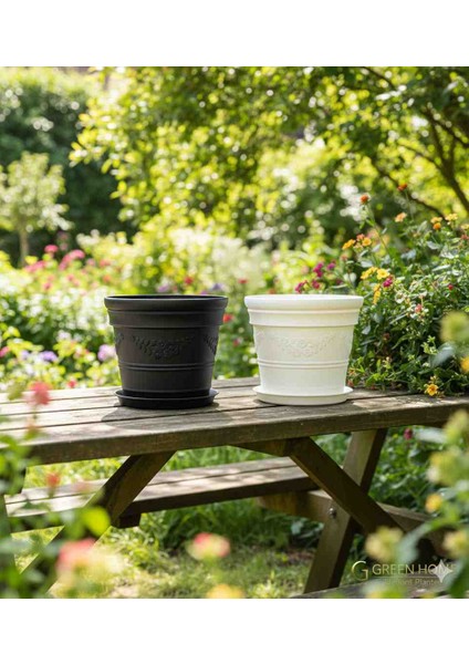 Antik Papatya Desenli 2'li Siyah ve Beyaz Saksı Seti Dekoratif Iç ve Dış Mekan Uyumlu