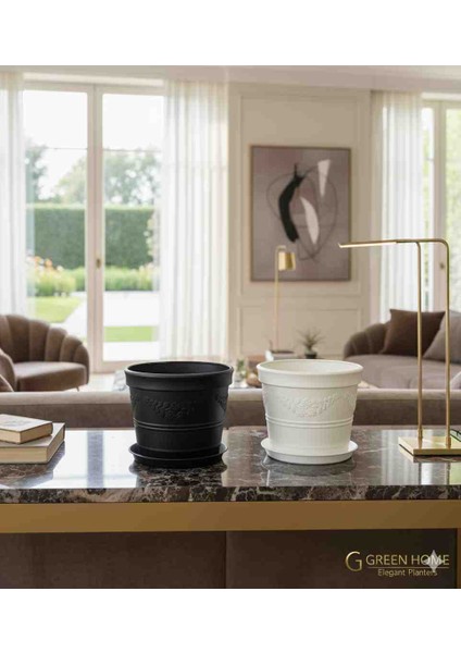 Antik Papatya Desenli 2'li Siyah ve Beyaz Saksı Seti Dekoratif Iç ve Dış Mekan Uyumlu modelleri