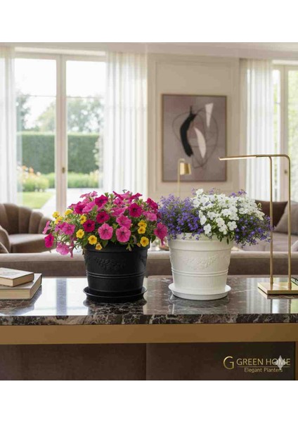 Antik Papatya Desenli 2'li Siyah ve Beyaz Saksı Seti Dekoratif Iç ve Dış Mekan Uyumlu fırsatları