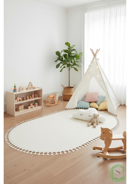 Post/peluş Yıkanabilir Kaymaz Taban Yumşacık Beyaz Oval Örgü Saçaklı Modern ve Şık Salon Oturma Odası Mutfak Çocuk Odası Koridor Antre Halısı