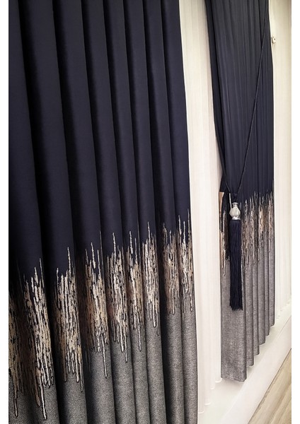 Alevli Pano Fon Perde Lacivert Gri 1 / 3 Sık Pileli ( Tek Kanat ) Pano, Fon, Tül, Perde,