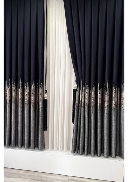 Alevli Pano Fon Perde Lacivert Gri 1 / 3 Sık Pileli ( Tek Kanat ) Pano, Fon, Tül, Perde, fiyatları