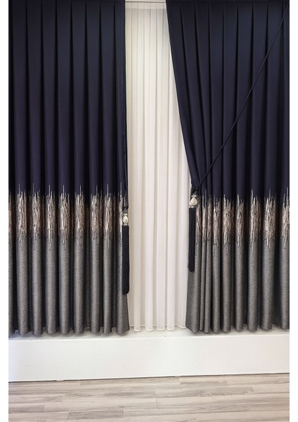 Alevli Pano Fon Perde Lacivert Gri 1 / 3 Sık Pileli ( Tek Kanat ) Pano, Fon, Tül, Perde, fırsatları