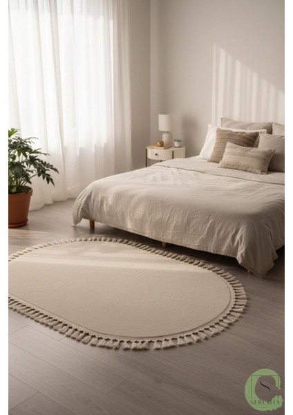 Post/peluş Yıkanabilir Kaymaz Taban Yumşacık Krem/ekru Oval Örgü Saçaklı Modern ve Şık Salon Oturma Odası Mutfak Çocuk Odası Koridor Antre Halısı