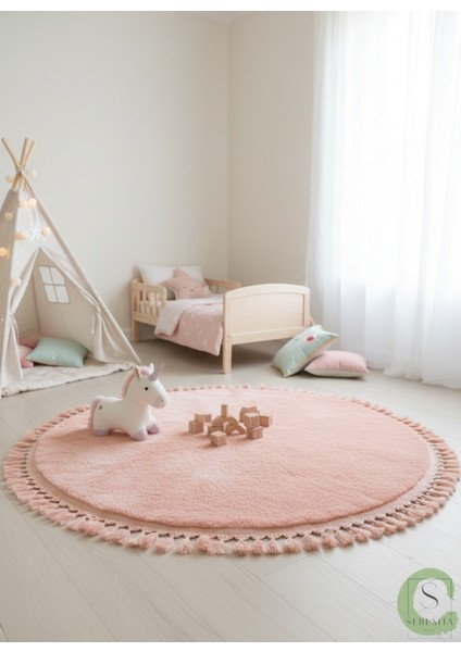 Post/peluş Yıkanabilir Kaymaz Taban Yumşacık Pembe Oval Örgü Saçaklı Modern ve Şık Salon Oturma Odası Mutfak Çocuk Odası Koridor Antre Halısı