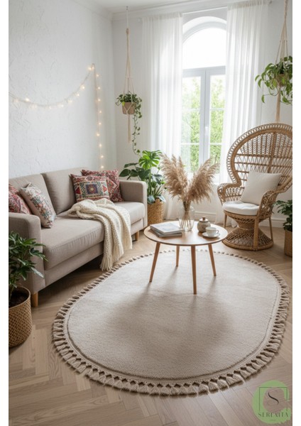 Post/peluş Yıkanabilir Kaymaz Taban Yumşacık Vizon Oval Örgü Saçaklı Modern ve Şık Salon Oturma Odası Mutfak Çocuk Odası Koridor Antre Halısı indirimleri