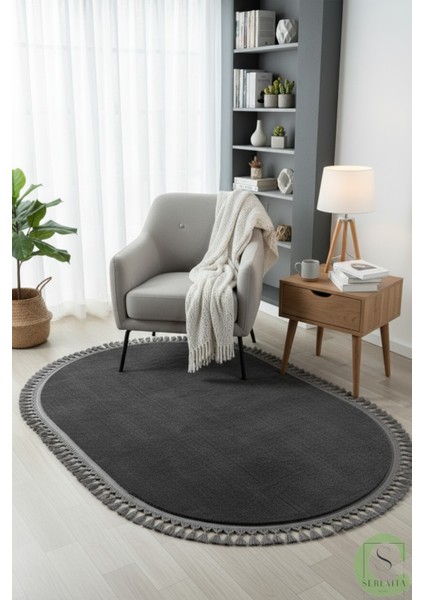 Post/peluş Yıkanabilir Kaymaz Taban Yumşacık Antrasit Örgü Oval Saçaklı Modern ve Şık Salon Oturma Odası Mutfak Çocuk Odası Koridor Antre Halısı