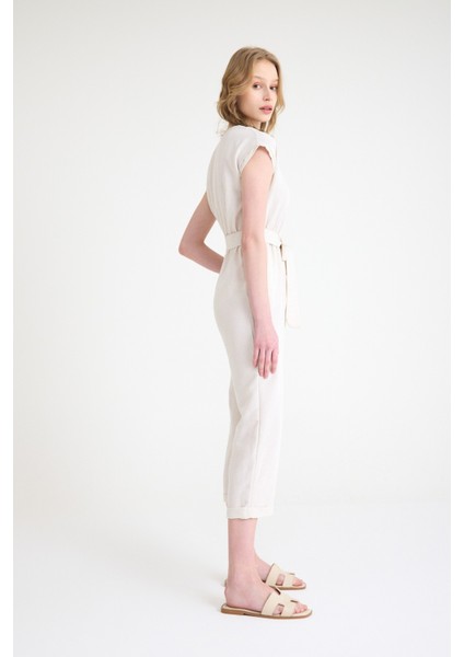 Keten Kadın V Yaka Tek Sıra Düğmeli Kolsuz Tulum