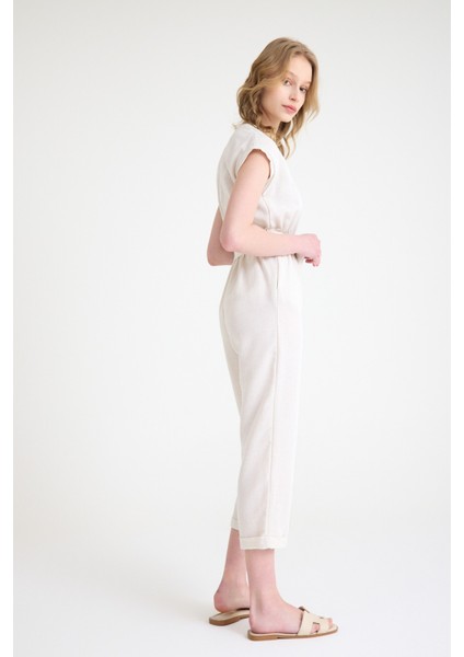 Keten Kadın V Yaka Tek Sıra Düğmeli Kolsuz Tulum