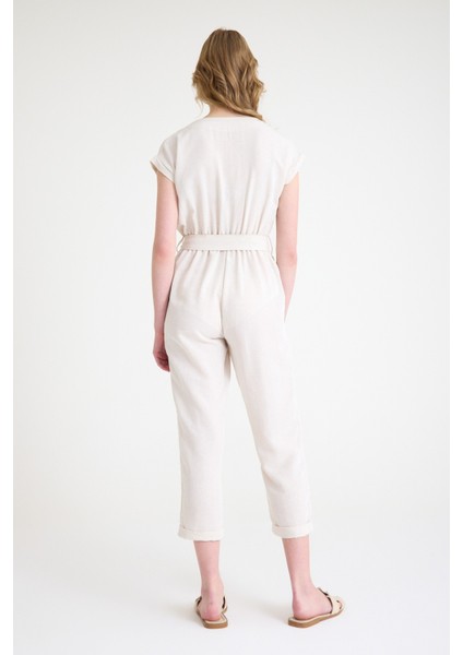 Keten Kadın V Yaka Tek Sıra Düğmeli Kolsuz Tulum