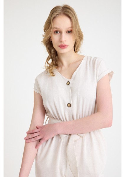 Keten Kadın V Yaka Tek Sıra Düğmeli Kolsuz Tulum