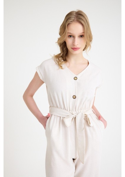 Keten Kadın V Yaka Tek Sıra Düğmeli Kolsuz Tulum