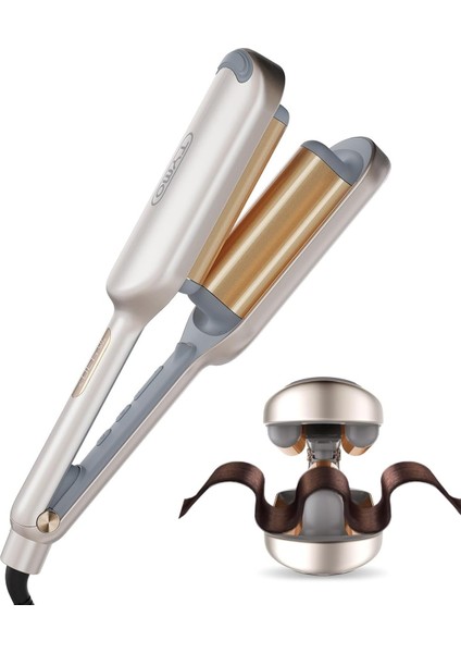 Altın 32MM Seramik Saç Maşası, 3 Silindirli, Plaj Dalgası, Yanmaz, Iyonik