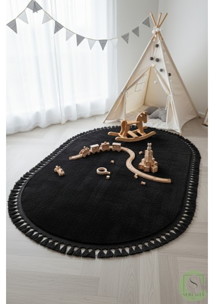 Post/peluş Yıkanabilir Kaymaz Taban Yumşacık Siyah Oval Örgü Saçaklı Modern ve Şık Salon Oturma Odası Mutfak Çocuk Odası Koridor Antre Halısı fiyatları