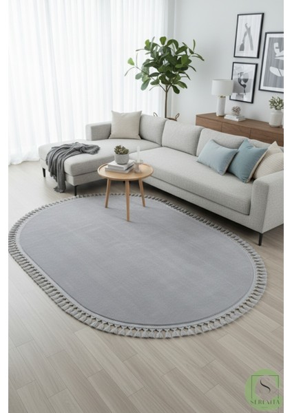 Post/peluş Yıkanabilir Kaymaz Taban Yumşacık Açık Gri Örgü Oval Saçaklı Modern ve Şık Salon Oturma Odası Mutfak Çocuk Odası Koridor Antre Halısı