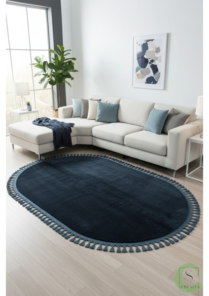 Post/peluş Yıkanabilir Kaymaz Taban Yumşacık Mavi Örgü Oval Saçaklı Modern ve Şık Salon Oturma Odası Mutfak Çocuk Odası Koridor Antre Halısı