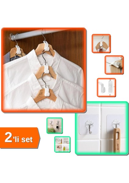 10 Adet Askı Çoklayıcı Kanca Düzenleyici + 5 Adet Yapışkanlı Şeffaf Askı Seti ZTR9KJ