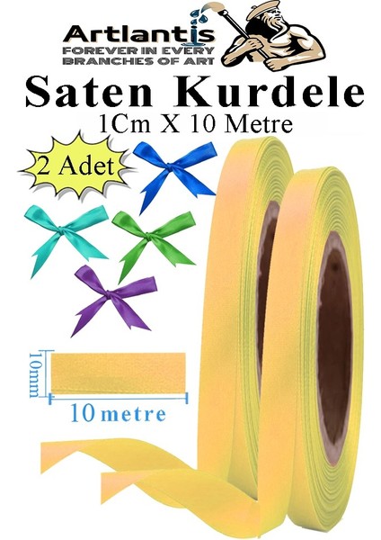 Açık Sarı Kurdele Saten 1 cm 10 Metre 2 Adet Saten Kurdela Parlak Hediye ve Süsleme Şeridi Süs Paketleme Çiçek Saç El