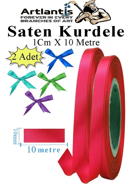 Kırmızı Kurdele Saten 1 cm 10 Metre 2 Adet Saten Kurdela Parlak Hediye ve Süsleme Şeridi Süs Paketleme Çiçek Saç El