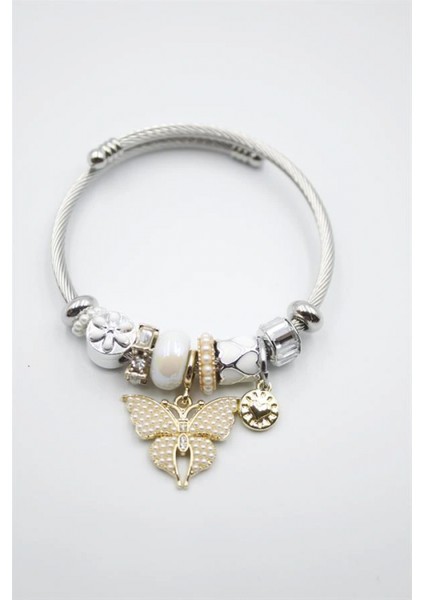 Çelik Charmlı Kelebek Bileklik - Beyaz