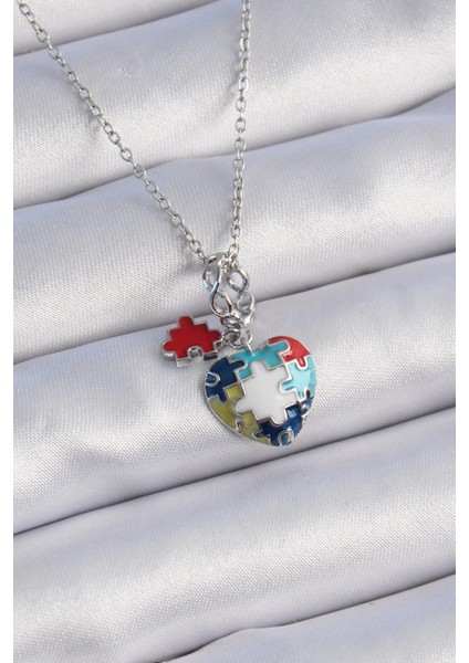 Bfs 316L Çelik Gümüş Renk Yapboz Motif Kalp Figür Charm Model Kadın Kolye