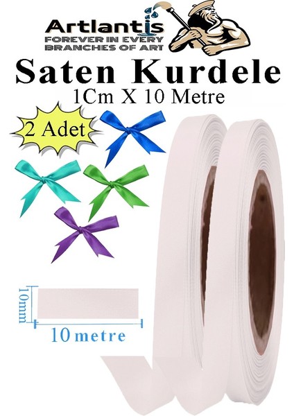 Beyaz Kurdele Saten 1 cm 10 Metre 2 Adet Saten Kurdela Parlak Hediye ve Süsleme Şeridi Süs Paketleme Çiçek Saç El