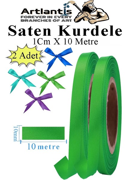 Yeşil Kurdele Saten 1 cm 10 Metre 2 Adet Saten Kurdela Parlak Hediye ve Süsleme Şeridi Süs Paketleme Çiçek Saç El
