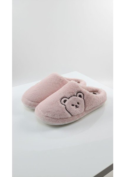 Peluş Kadın Ev Terliği Ekru Ayıcık Nakış