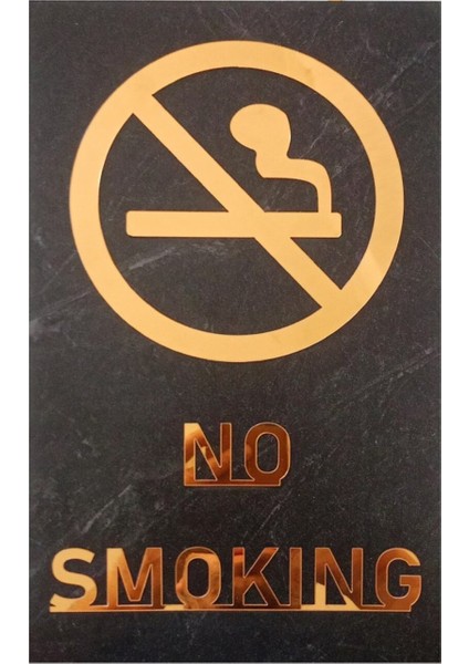 No Smokıng- Sigara Içilmez Ingilizce- Mermer Desenli Mdf Üzerine Gold Aynalı Pleksi 20 x 30 cm