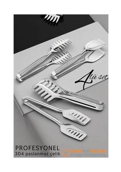 Bfs Mutfak Maşa Seti - Makarna Pasta Salata Çok Amaçlı Maşa 4 Lü Set 304 Paslanmaz Çelik