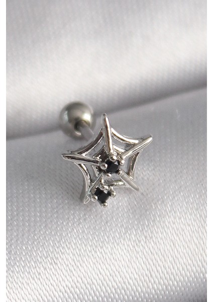 Bfs 316L Çelik Gümüş Renk Siyah Zirkon Taş Detay Örümcek Ağ Model Tragus Piercing