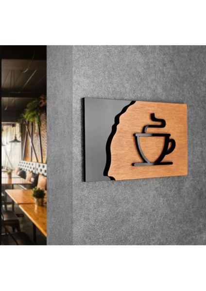 Cafe Kahve Restoran Kafe Uyarı Tabelası Ahşap Levha Yapışkanlı 30X11 cm