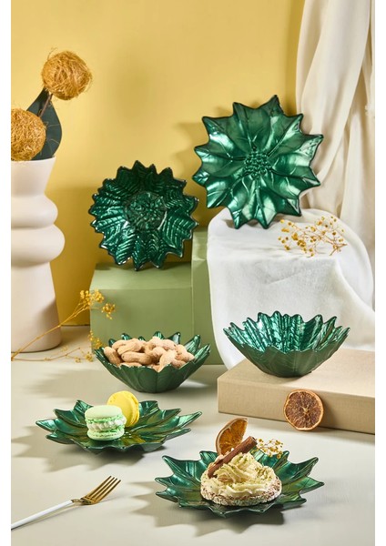 Yeşil Poinsettia Cam Tabak & Kase Seti - 3 Adet Tabak - 3 Adet Kase