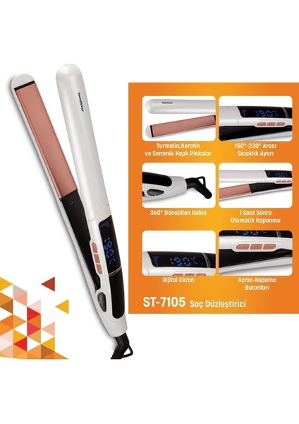 Dijital Turmalin Keratin Seramik Ince Plaklı Saç Düzleştirici Beyaz