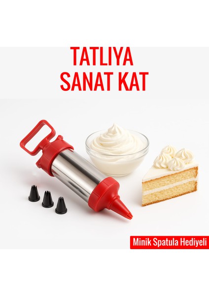 Krem Şanti Sıkma Pompası Seti | 4 Uçlu Değiştirilebilir Başlık | Spatula Hediyeli | Metal Gövde
