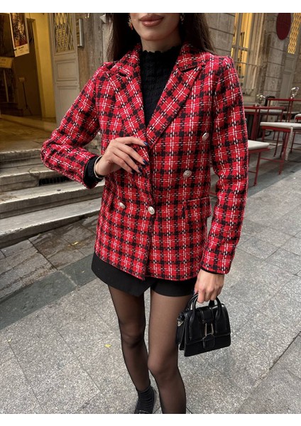 Kadın Fleto Cep Düğme Detay Tüvit Kumaş Astarlı Blazer Ceket