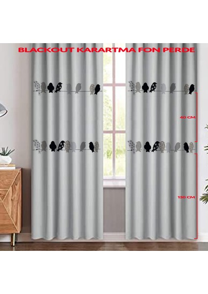 Milimalist Kuş Desen Baskılı Gri Renk Karartma Blackout Fon Perde ( Pilesiz )