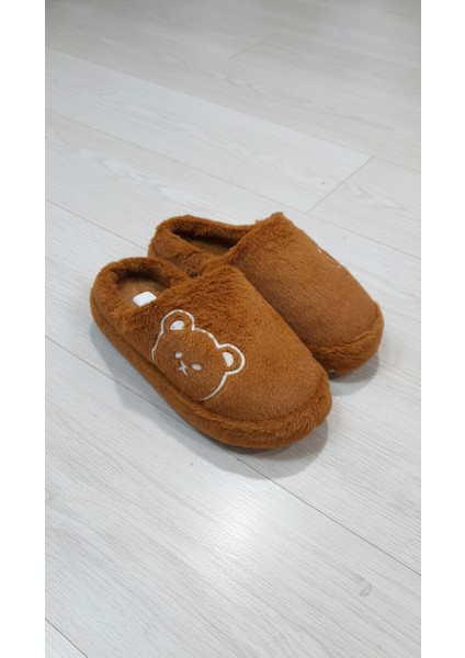 Peluş Kadın Ev Terliği Taba Ayıcık Nakış
