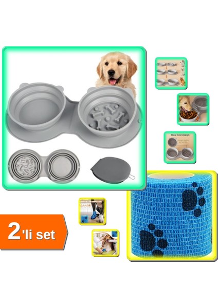 Mikopet Katlanabilir Mama ve Su Kabı + Pati Bandajı – Evcil Dostlara Uygun 2li Set - Z8K1QW