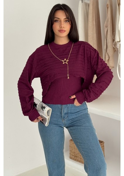 Kadın Dokulu Atlet & Kolye & Sweatshirt Takım – Sıcak & Şehirli Stil