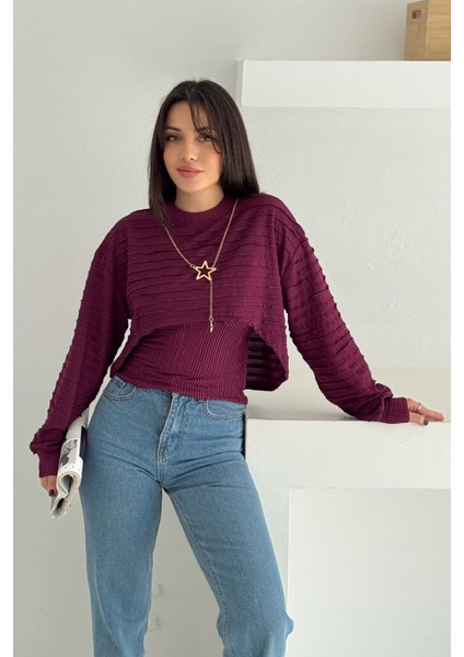 Kadın Dokulu Atlet & Kolye & Sweatshirt Takım – Sıcak & Şehirli Stil fiyatları