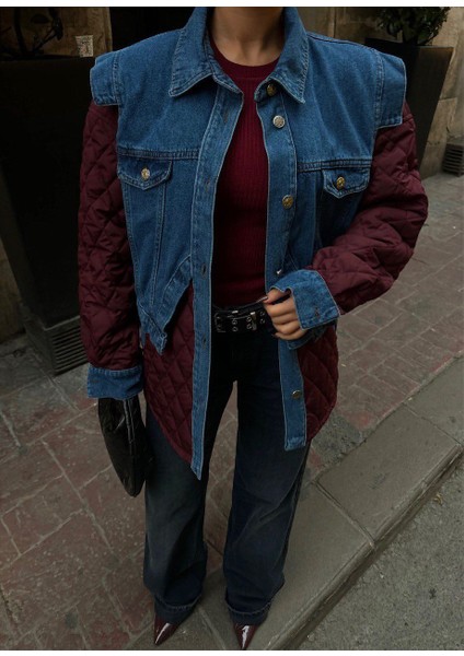 Kadın Oversize Denim Kapitone Mont – Bordo Kol Detaylı Şık Sonbahar Kış Montu