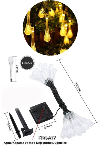 50 Damla LED Güneş Enerjili 7 Metre Bahçe Aydınlatma Modlu Solar Gün Işığı Dekoratif Iç & Dış Mekan