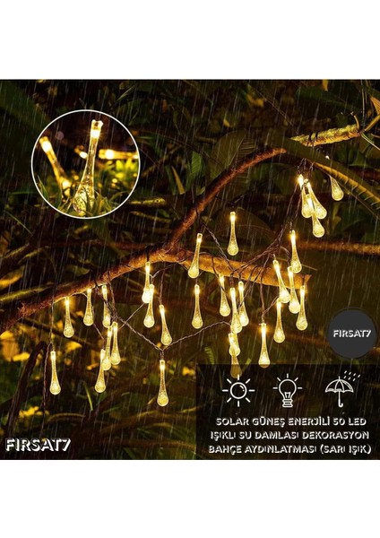 50 Damla LED Güneş Enerjili 7 Metre Bahçe Aydınlatma Modlu Solar Gün Işığı Dekoratif Iç & Dış Mekan